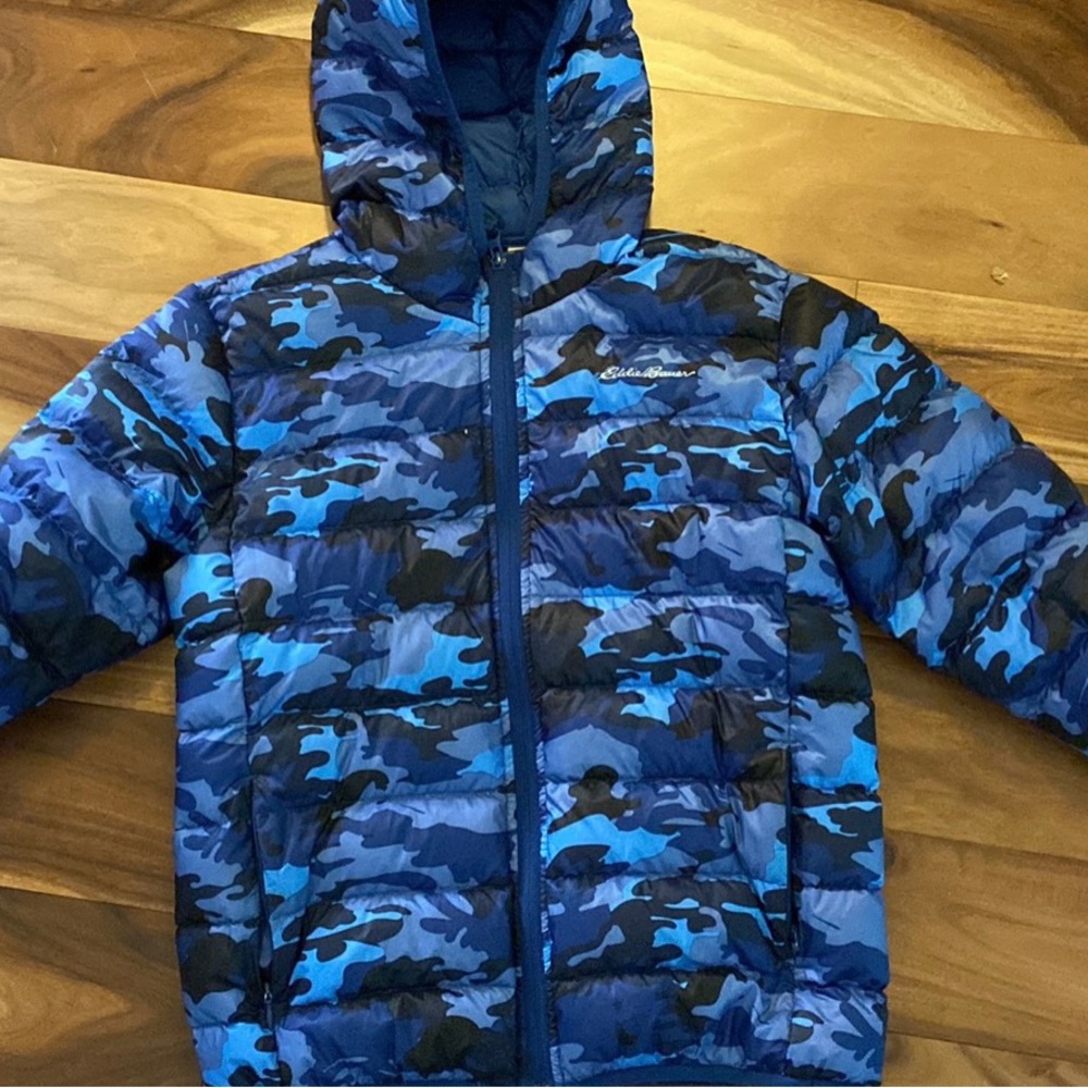 Eddie Bauer blue camo down jacket size 10–12